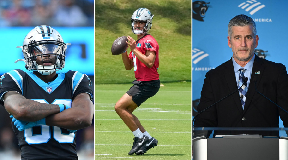 Terrace Marshall Jr. crosses his arms; Bryce Young throws the ball; Frank Reich stands behind a podium